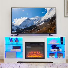 TV Stand Electric Fireplace  Glass Shelves, 3D Fireplace TV Stand With LED Lights Wood With USB Charging Outlet Modern Television Table Center Fo (Option: White)